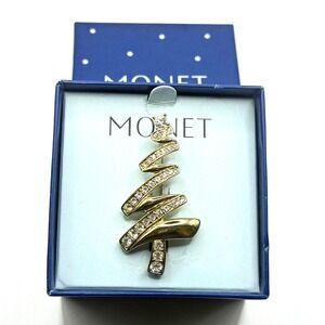 Monet Christmas Tree Pin Brooch Gold Tone Rhinestones Vintage With Box Excellent